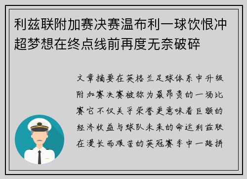 利兹联附加赛决赛温布利一球饮恨冲超梦想在终点线前再度无奈破碎